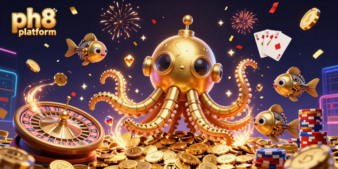 Engage with the ph8 platform in this dynamic 3D casino scene filled with golden kraken characters, explosive game elements, and vibrant casino visuals.