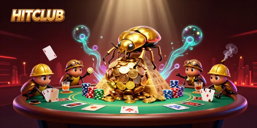 Experience the thrill of HITCLUB with golden coins and dynamic poker action in this vibrant scene.