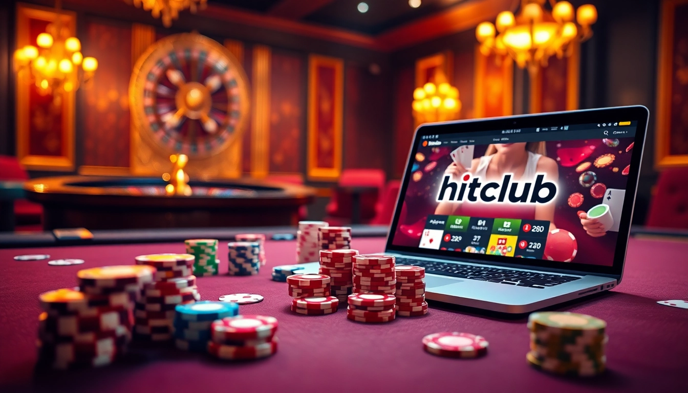 Tải hitclub with vibrant poker game setup and online gambling interface in a luxurious casino scene.