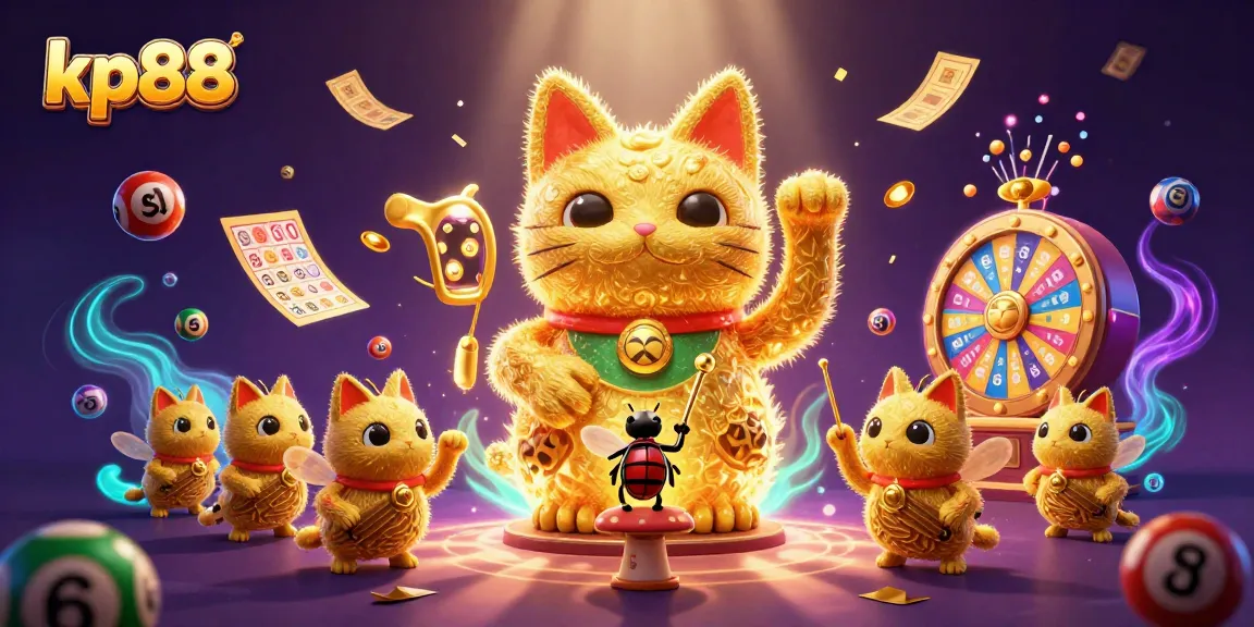 Experience thrilling gaming at kp88 with colorful lottery balls and a lucky cat illustration.