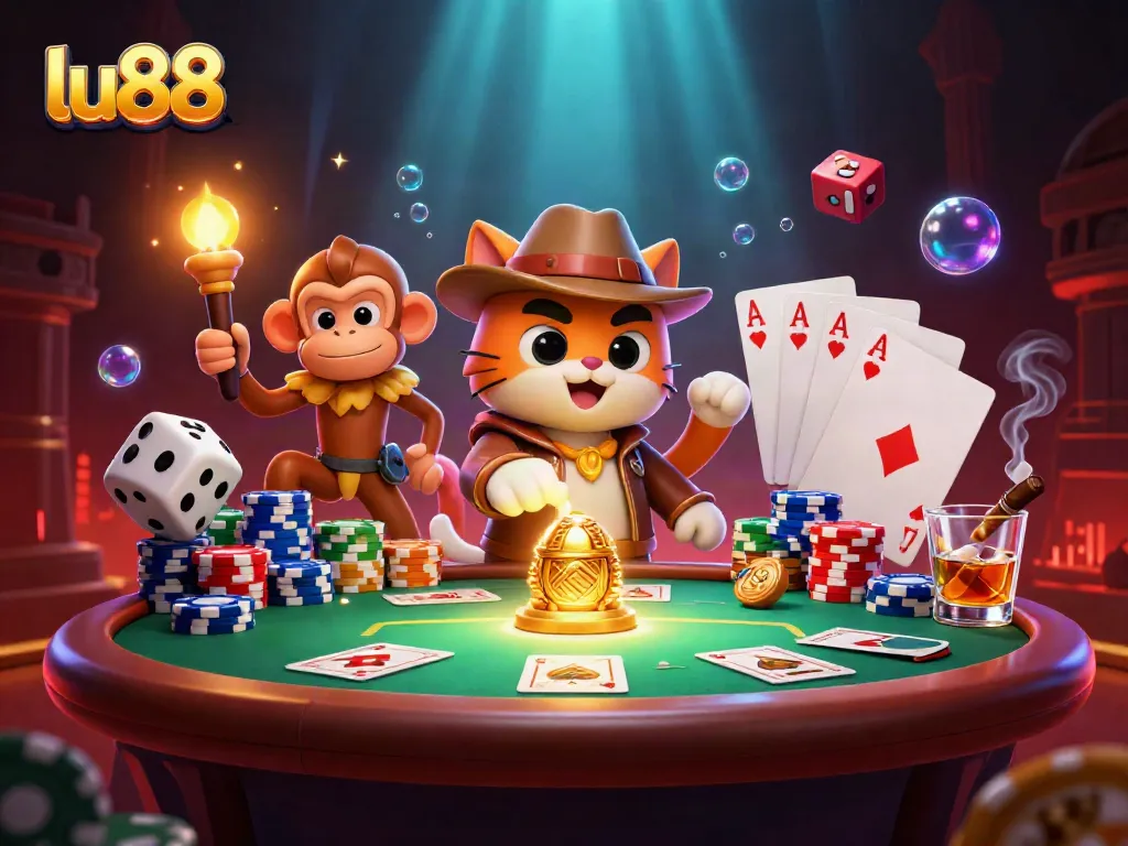Experience thrilling moments at lu88 with a dynamic 3D illustration of an explorer cat discovering casino treasures.