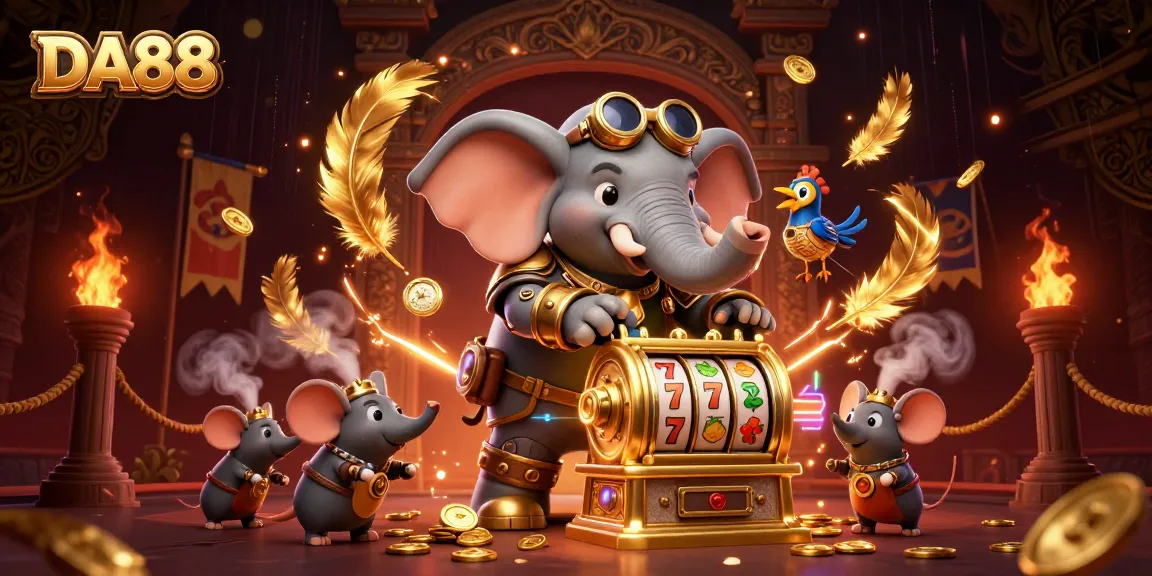 Engage in thrilling gameplay with DA88's vibrant 3D steampunk casino scene featuring a lucky slot machine.