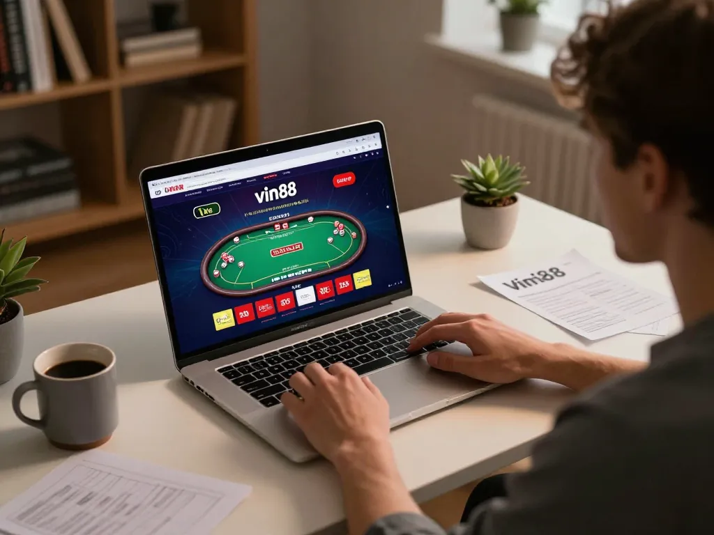 Engaging online casino gameplay on vin88 with a player studying strategies.