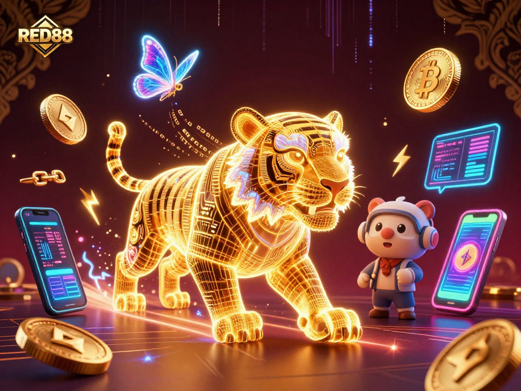Experience the thrilling world of RED88 with a 3D neon tiger in a digital casino.