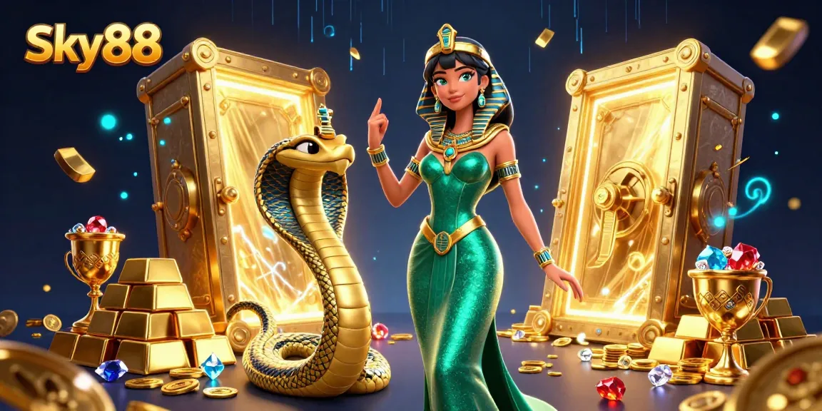 Sky88 showcases a stunning woman in emerald green amidst gold treasures, embracing thrilling online casino moments.