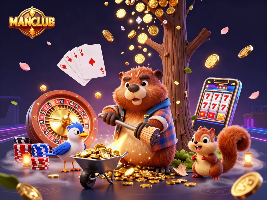 MANCLUB's vibrant casino scene blends cartoon characters with golden slot machine winnings.