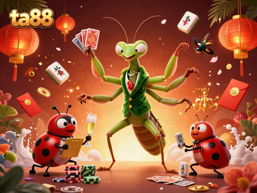 Play thrilling games at ta88 with a lively scene featuring a giant mantis cardsharp and ladybug pit boss.