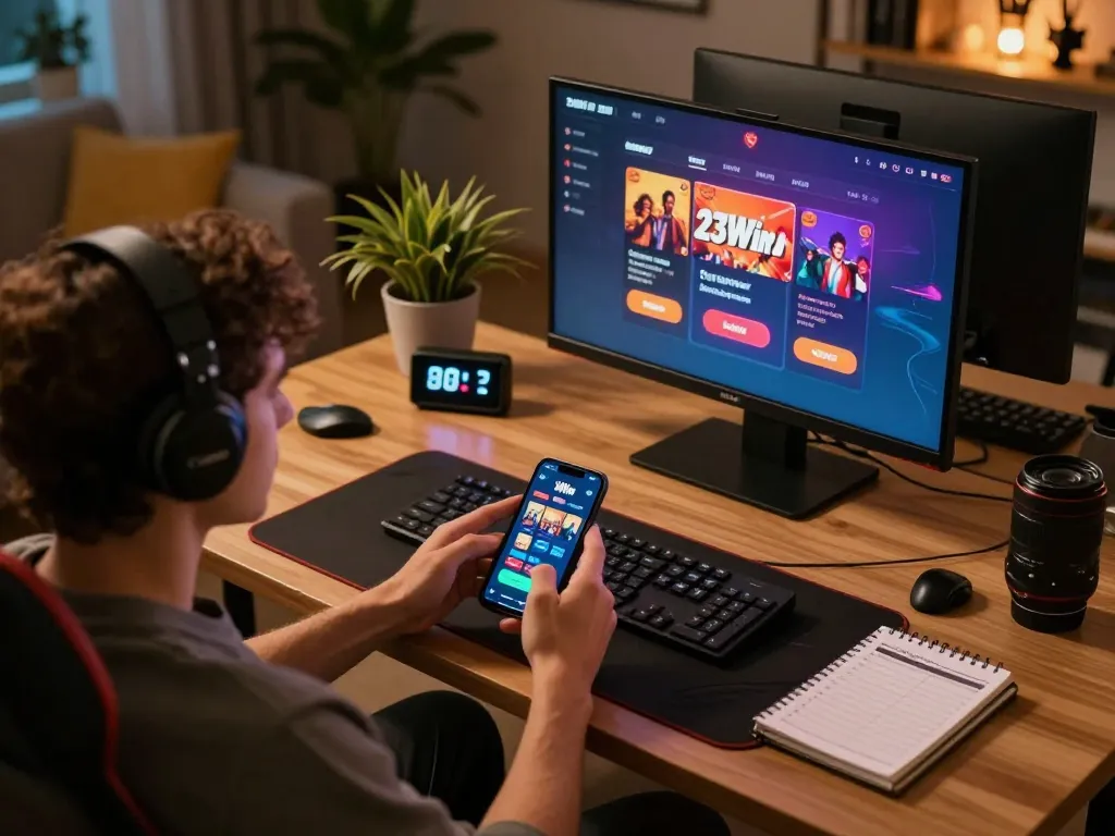 Engaging with the 23Win casino app on smartphone, showcasing a cozy online gambling setup.