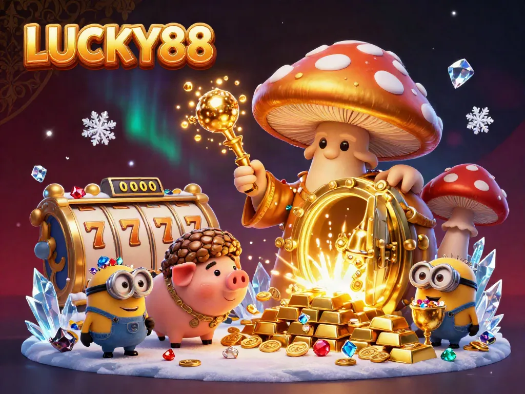 Engage with LUCKY88 in a treasure-filled 3D casino scene featuring magical characters and vibrant gaming elements.