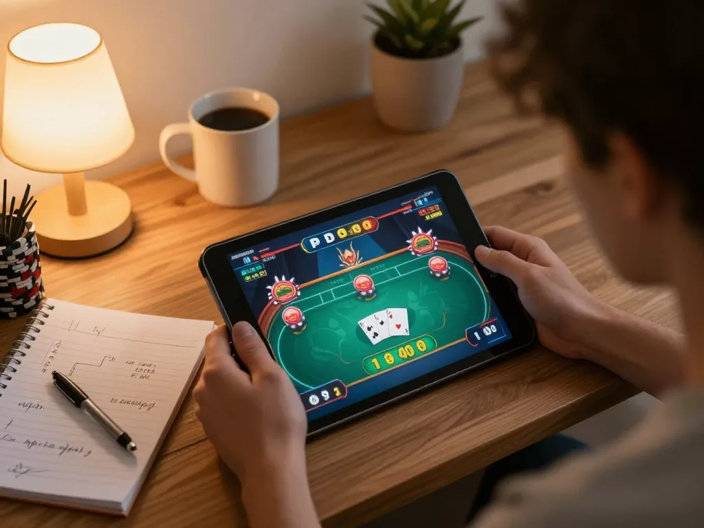 Player enjoying gg88 poker game on tablet, surrounded by strategy notes and warm ambiance.