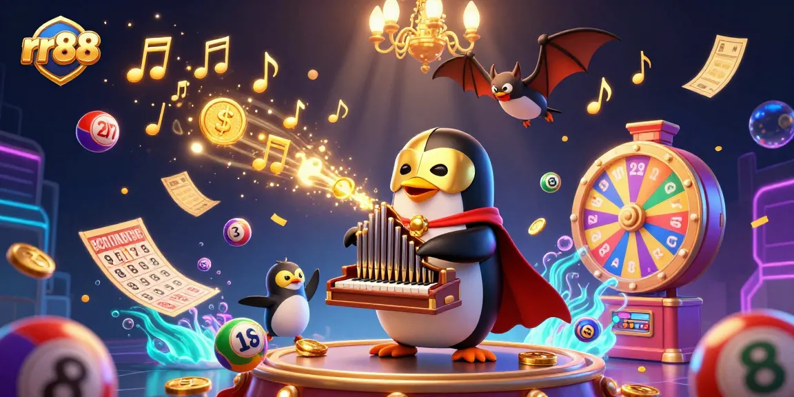 Win big at rr88 with a vibrant 3D casino scene featuring a penguin playing an organ amidst casino excitement.
