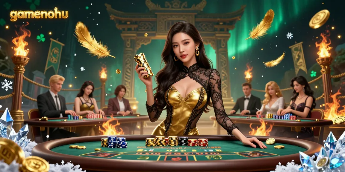 Experience winning at gamenohu with a glamorous Asian woman at a VIP baccarat table, showcasing high-value chips and casino atmosphere.