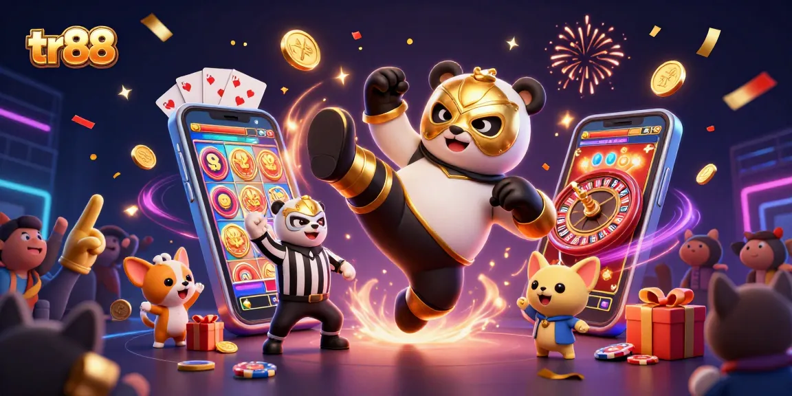 Experience thrilling gaming with tr88 as a panda wrestler leaps through a colorful casino scene.