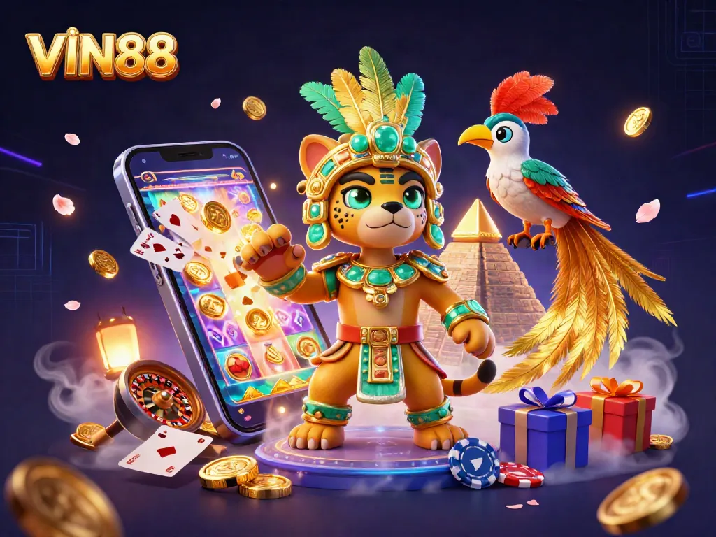 Experience the thrill of VIN88 with a vibrant 3D casino scene featuring an immersive Mayan theme.