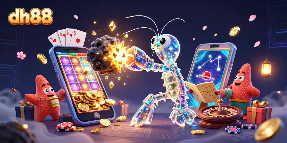 Win jackpots at dh88 with a vibrant 3D illustration of an epic galactic battle amidst casino elements.