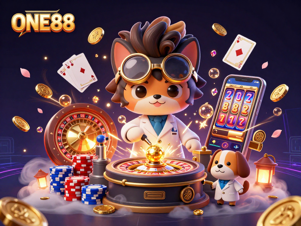 Experience the thrill of ONE88 with vibrant gambling action and animated characters.