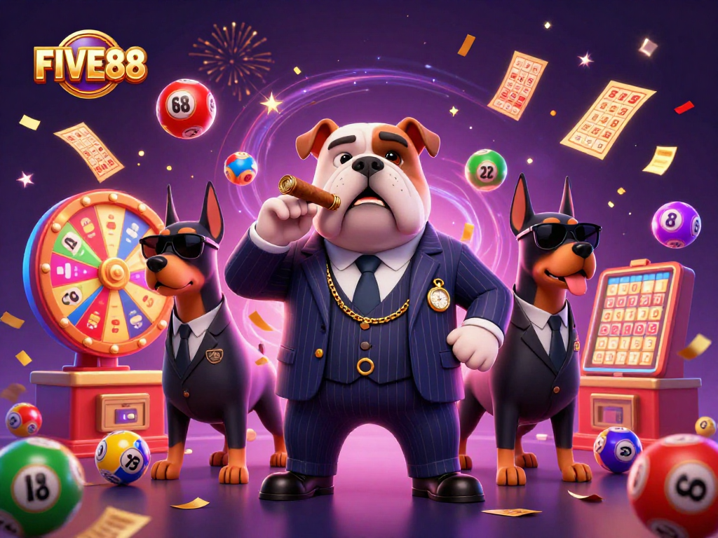 Get lucky with FIVE88 in a vibrant 3D casino illustration featuring lottery excitement.
