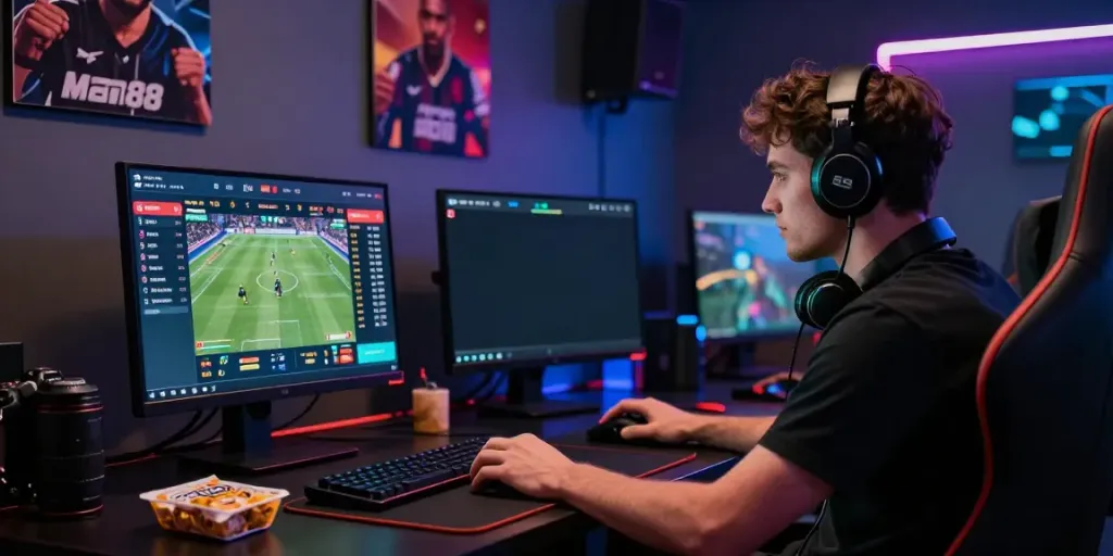 Player engaging with the Man88 online betting platform surrounded by vibrant gaming elements.