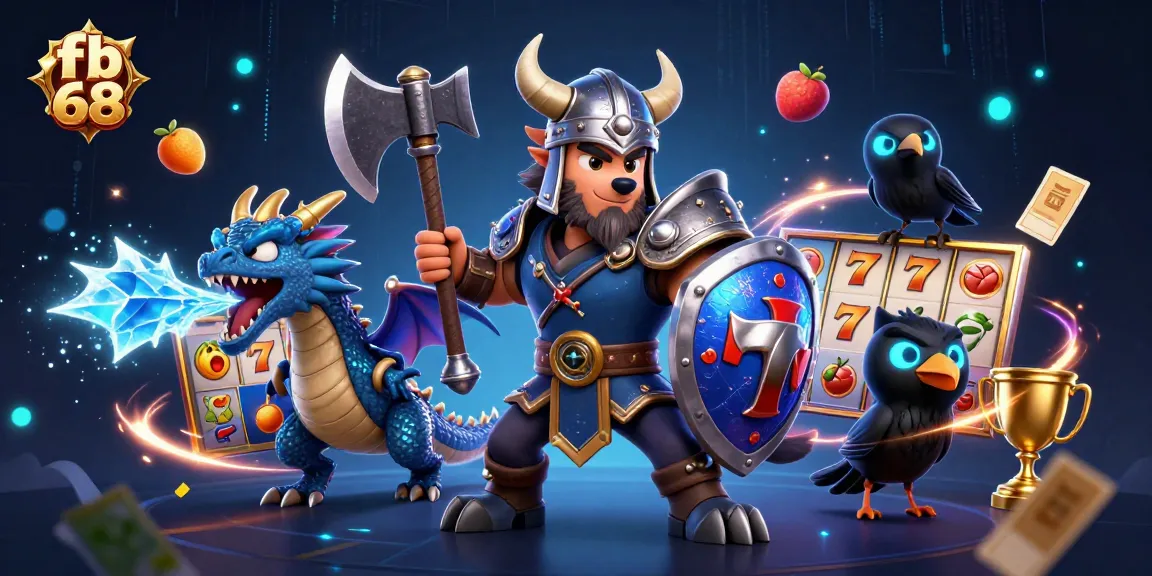 Experience thrilling action with fb 68, featuring a Viking warrior, fierce dragon, and exciting slot elements in a dynamic casino scene.