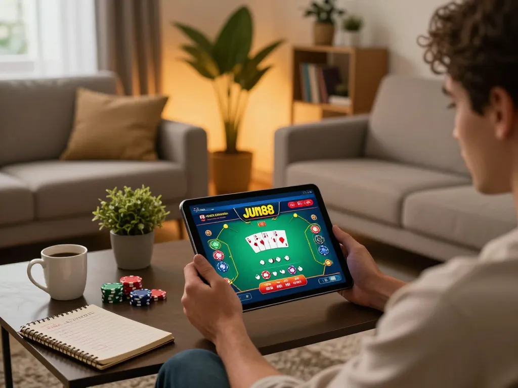 Player enjoying Jun88 online casino on a tablet, showcasing engaging gameplay in a cozy setting.