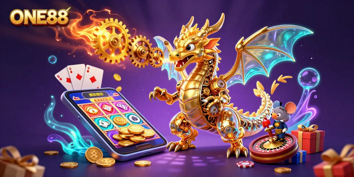 Engage in the thrilling world of ONE88 with a vibrant 3D casino scene featuring dynamic games and magical elements.