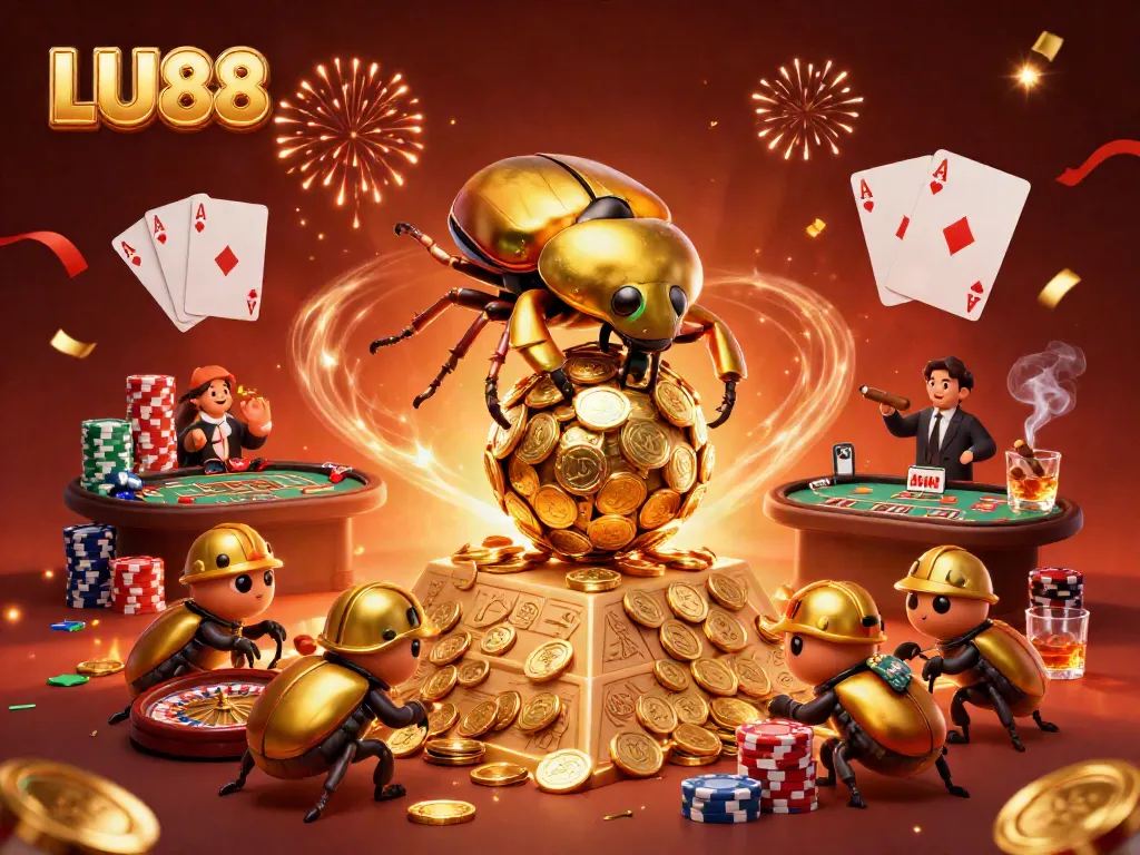 LU88 features a golden dung beetle amidst casino games, showcasing thrilling gambling excitement.