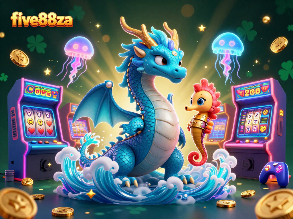Engage with the vibrant five88za gaming scene featuring an azure water dragon and neon elements.