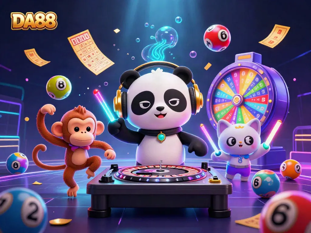 Experience the excitement of DA88 with an exhilarating 3D scene of playful characters in a vibrant casino atmosphere.