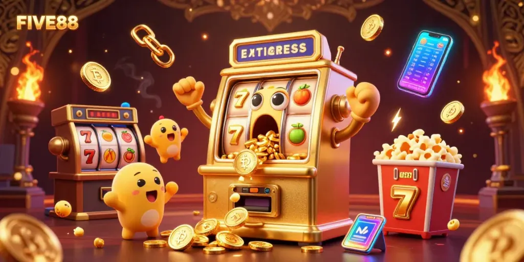 FIVE88 jackpot celebration featuring golden slot machine and crypto elements in a vibrant casino scene.