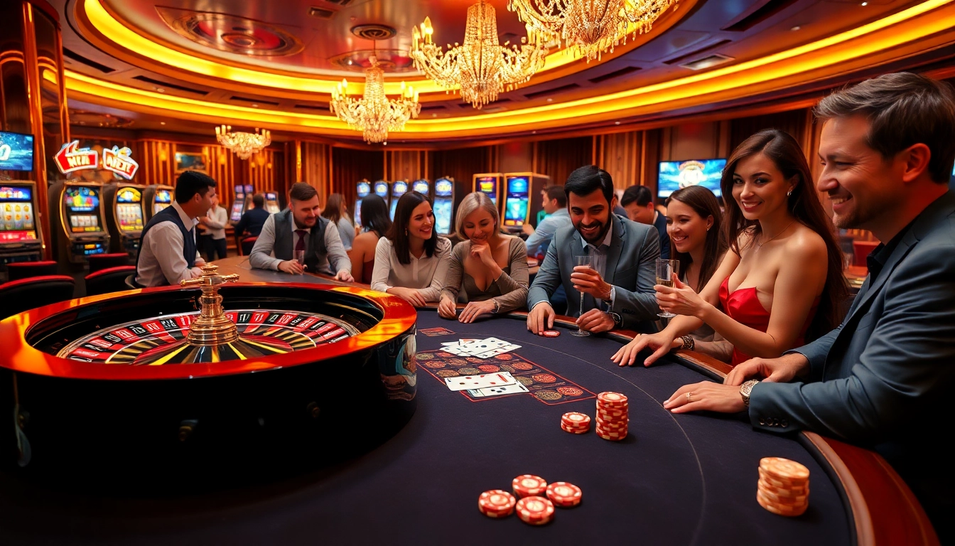 Excited players thrive at 33win com's luxurious casino, surrounded by roulette, slots, and vibrant gaming.