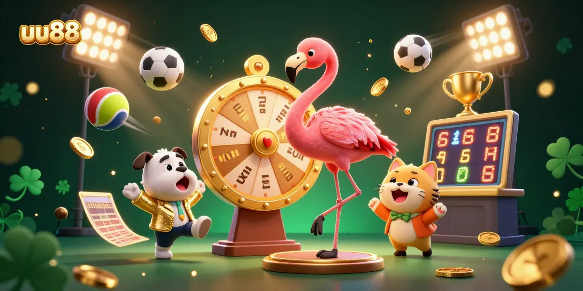 uu88 players enjoying a vibrant casino scene with a cartoon flamingo host and excited bulldog contestant.
