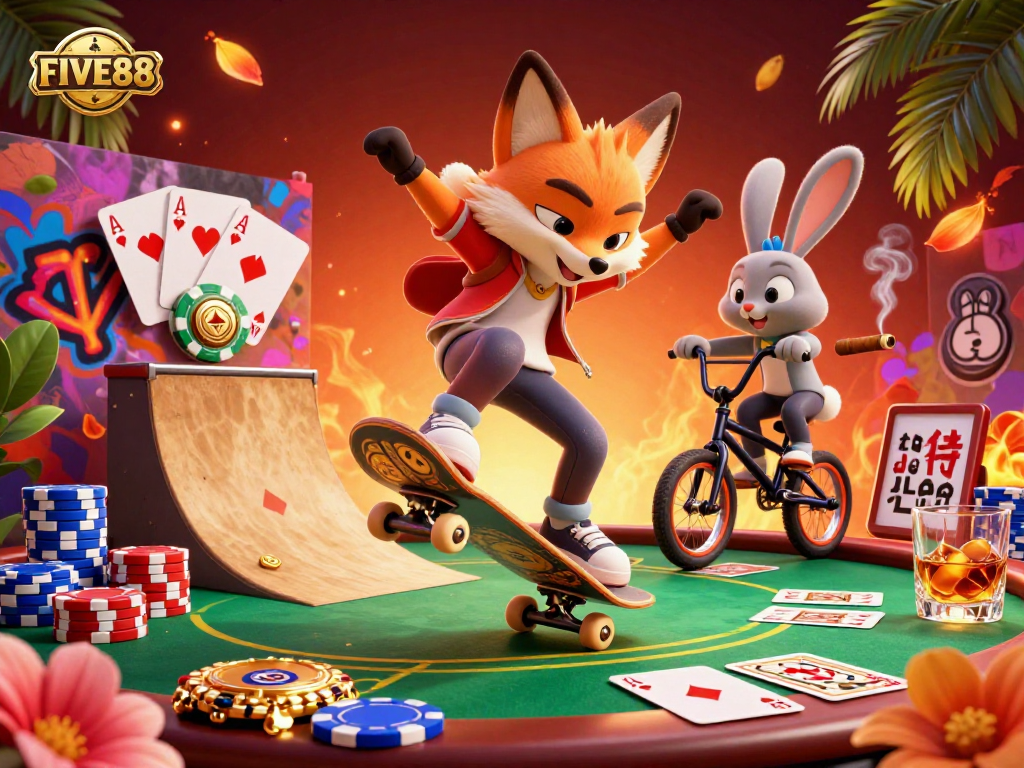Experience FIVE88 thrilling poker action with dynamic characters and vibrant casino elements in this engaging 3D illustration.