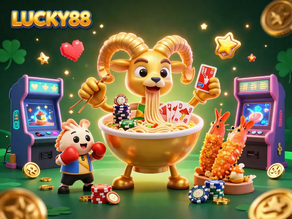 LUCKY88 enhances your gaming with vibrant slots and casino themed fun in a dazzling illustrative scene.