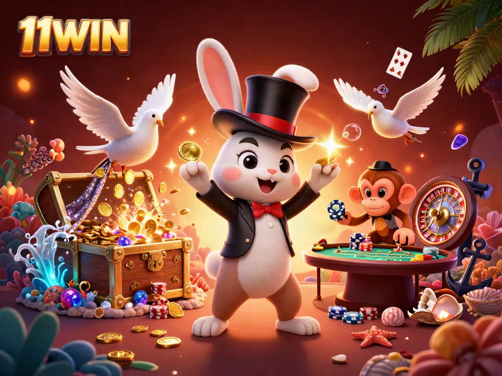 Engage with the lively 11WIN casino scene as the magician pulls coins, surrounded by poker chips and show elements.