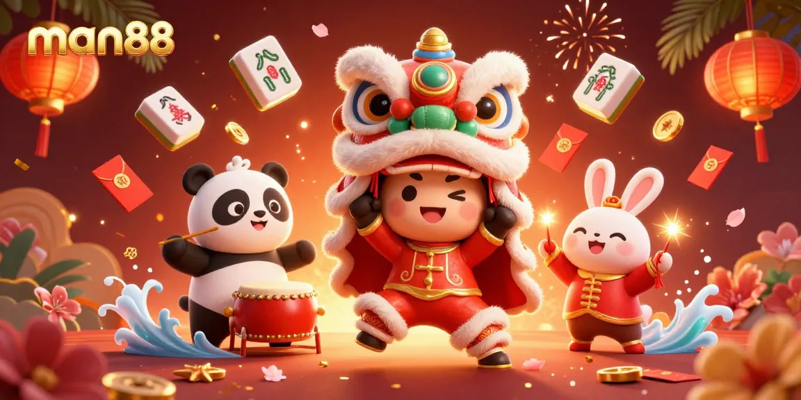 Engage with man88 through a vibrant casino scene featuring a lion dance, panda, and rabbit.