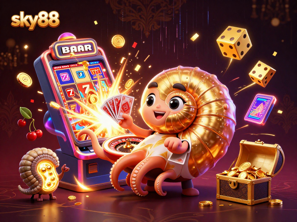 Experience exciting gameplay at sky88 with a vibrant illustration of casino elements and characters.