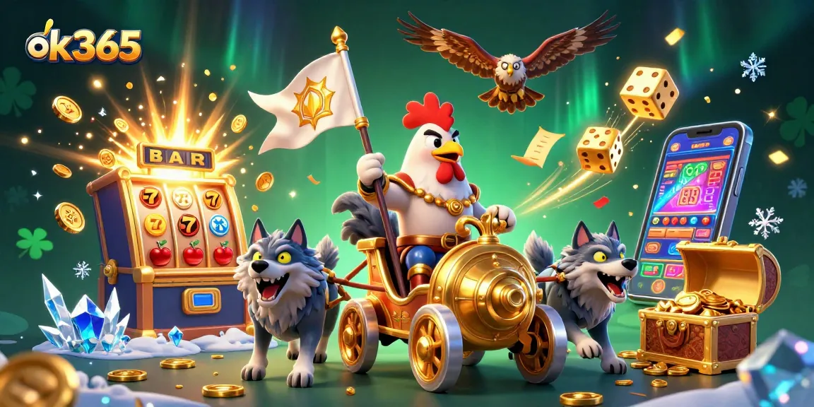 Experience thrilling fun at ok365 with a dynamic gambling scene featuring vibrant 3D illustrations.