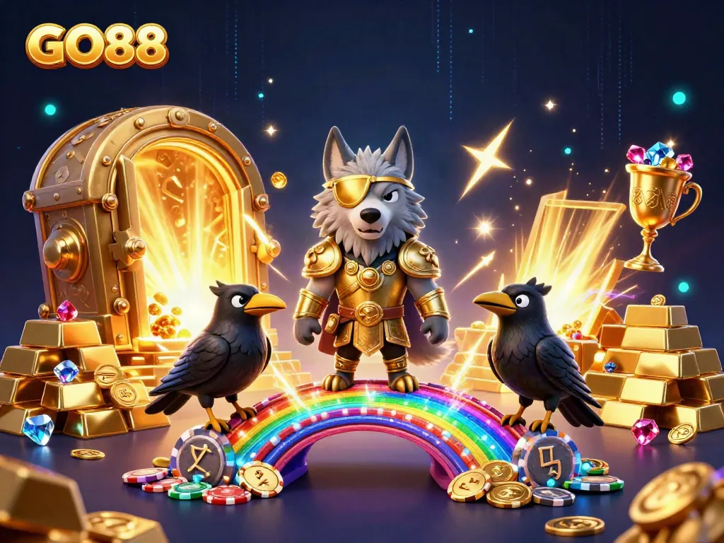 Experience GO88's vibrant gaming world with Odin, showcasing thrilling casino elements and treasures.