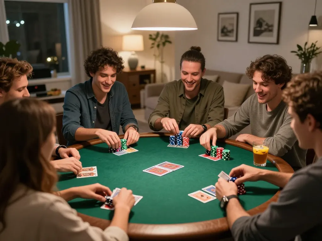 Friends intensely strategizing during SC 88 poker game night, chips and cards in play.
