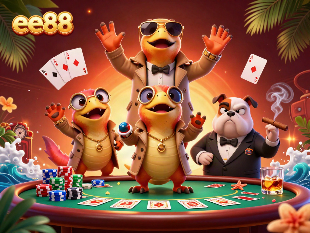 Experience the excitement of ee88 casino with raptors sneaking into a VIP lounge amid poker excitement.