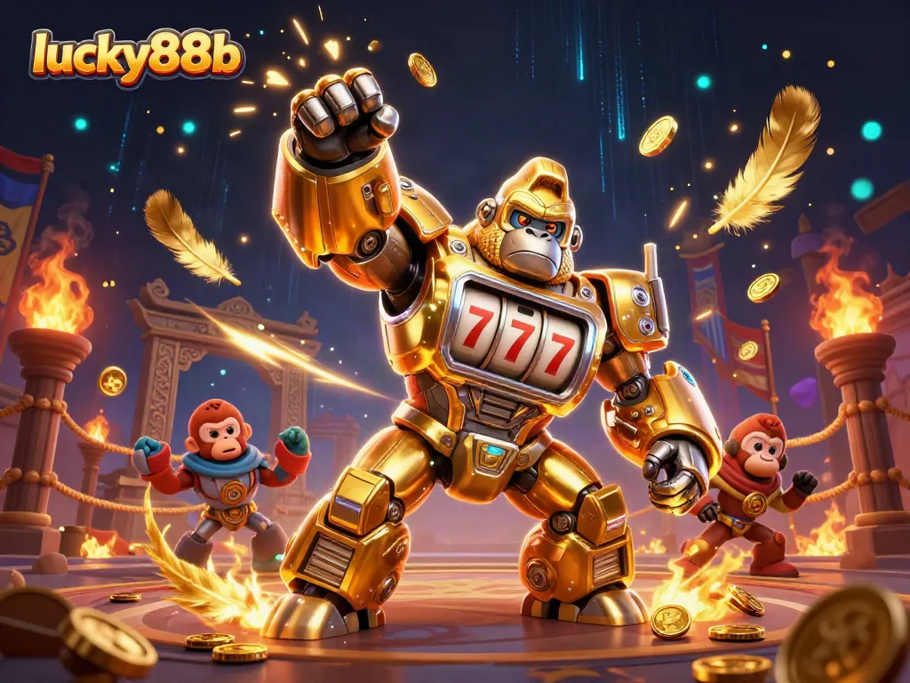 Experience thrilling gameplay with lucky88b's golden gorilla mech in an electrifying casino arena.