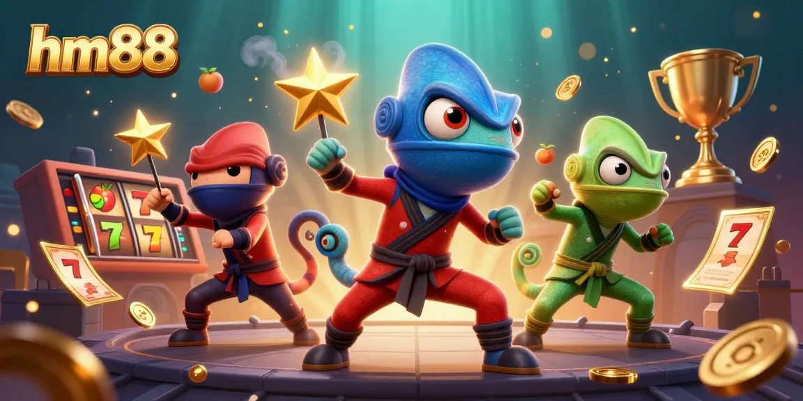 Synchronized martial arts chameleons illustrating gaming excitement at hm88 online casino.