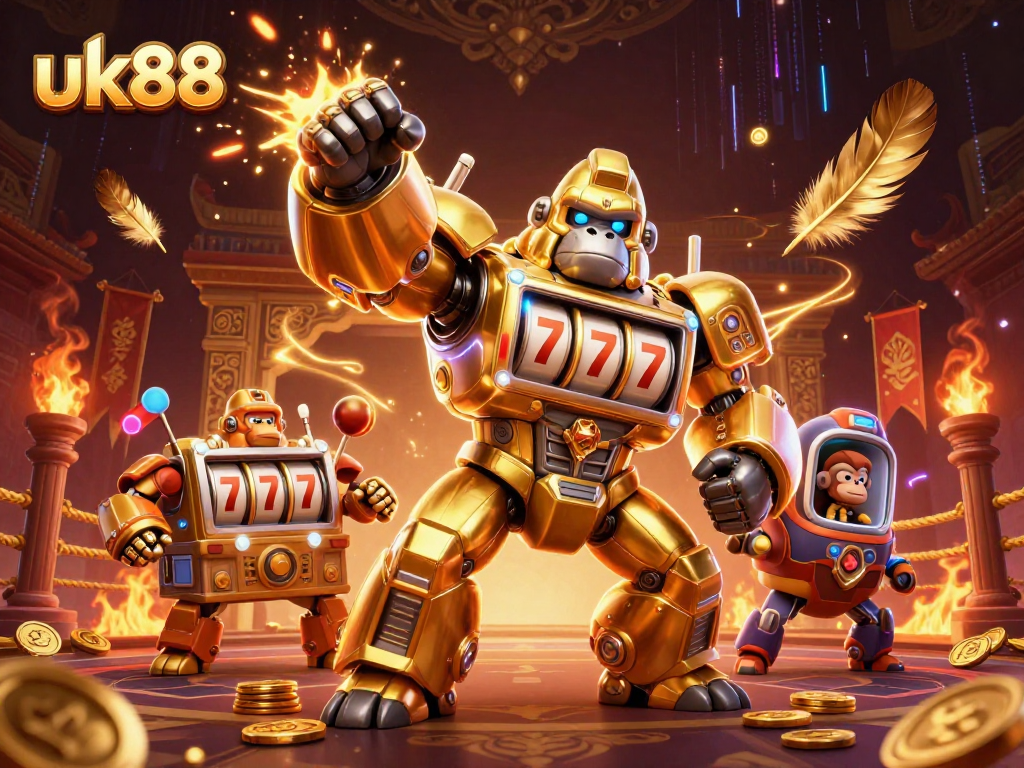 Engage in thrilling jackpots at uk88 with a golden gorilla mech and vibrant casino elements.