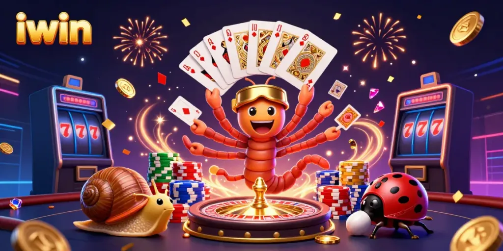 Experience the excitement of iwin with a millipede dealer, cards, and vibrant casino elements.