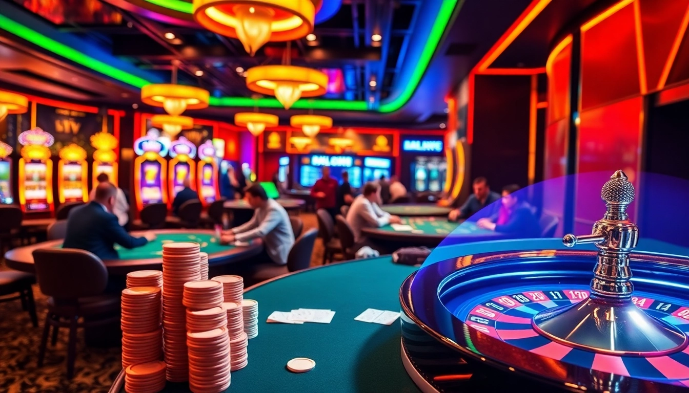 The gaming excitement at https://m88zo.com/ highlights players at poker tables and vibrant slot machines in a luxurious casino setting.