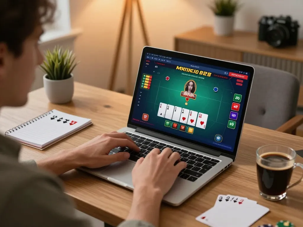 Player enjoying online gambling at Nhà cái BL555 with an engaging poker game on a laptop.