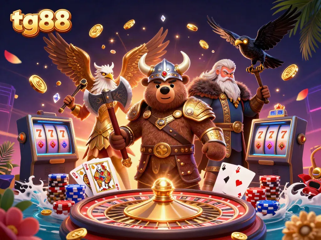 Experience thrilling action at tg88 with a 3D Viking bear and Valkyrie eagle amid gold coins and roulette.
