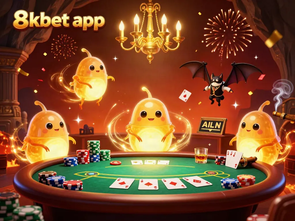 Engage with the exciting 8xbet app at a vibrant casino scene with glowworms lighting the poker table.