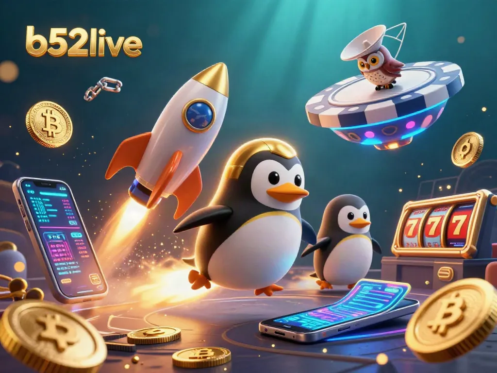 Experience the excitement of b52live with a golden penguin soaring past a dazzling casino space station.