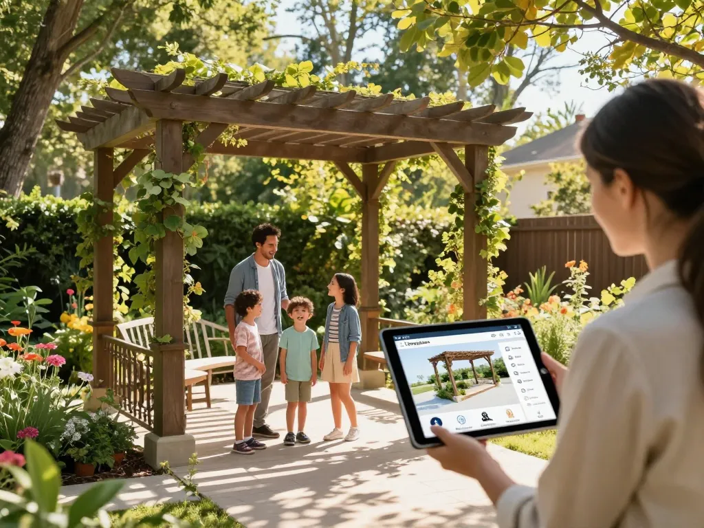 Experience the 3D Pergola Configurator in a vibrant garden setting with families interacting under a stylish pergola.